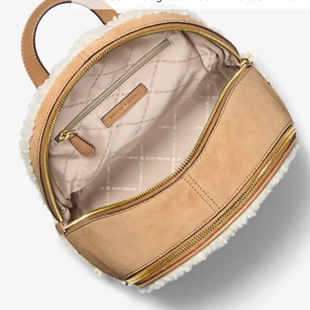 MICHAEL KORS Rhea Medium Suede and Faux Shearling Backpack Peanut  NWT